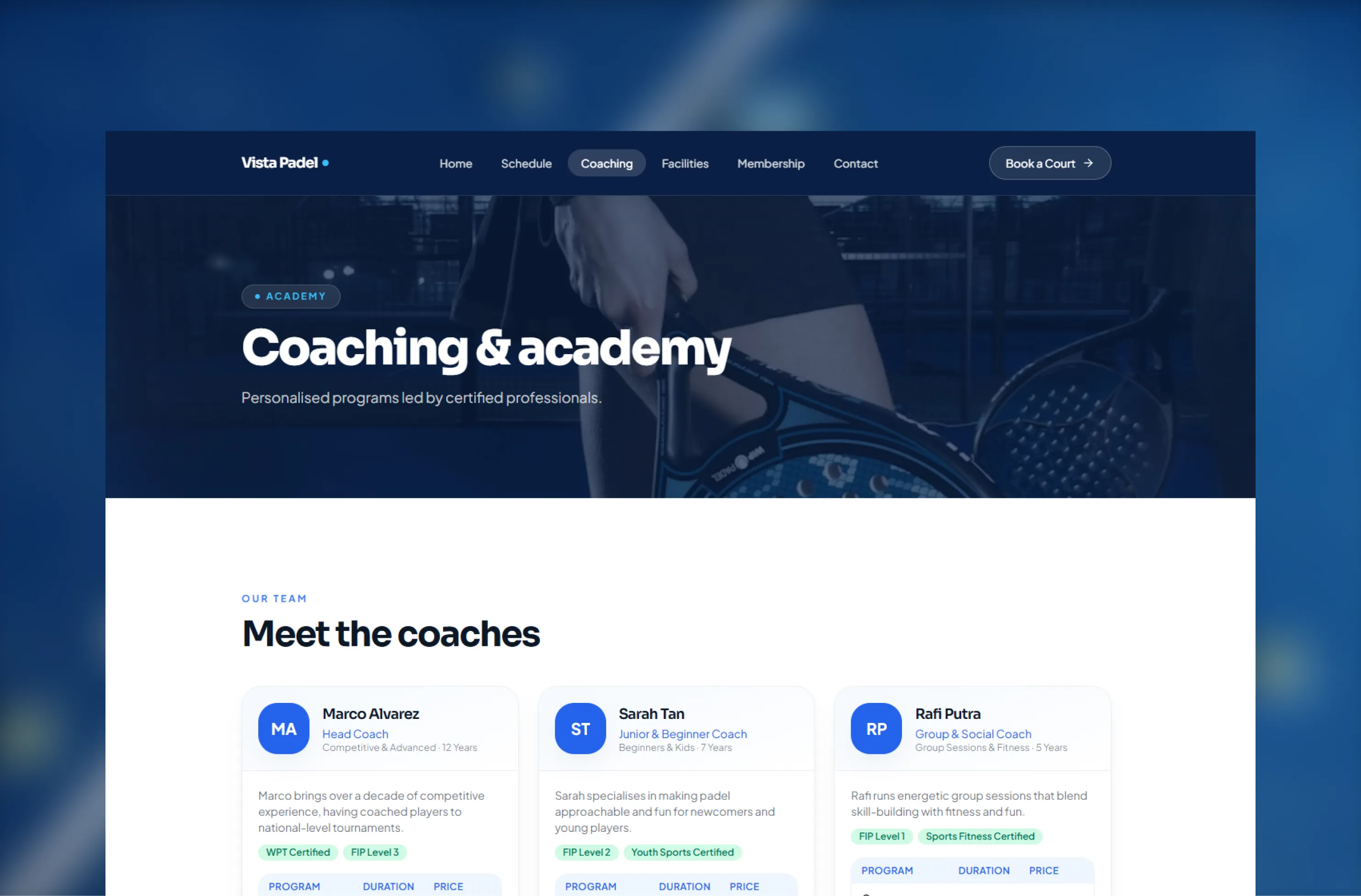 Vista Padel Club — Premium Court Booking & Club Management Platform — 2